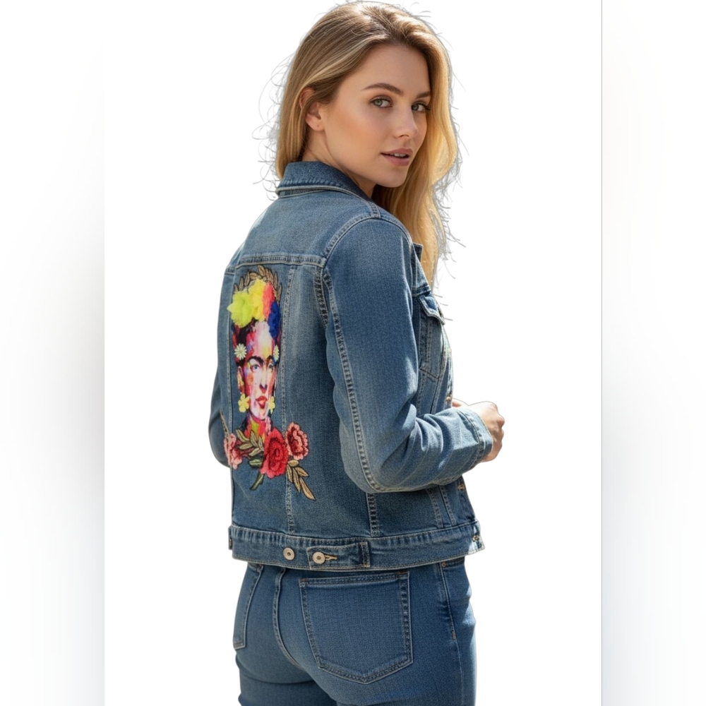Levi's Denizen Jean Jacket Upcycled W/3D Custom Frida Kahlo Floral Back Design - Picture 5 of 12